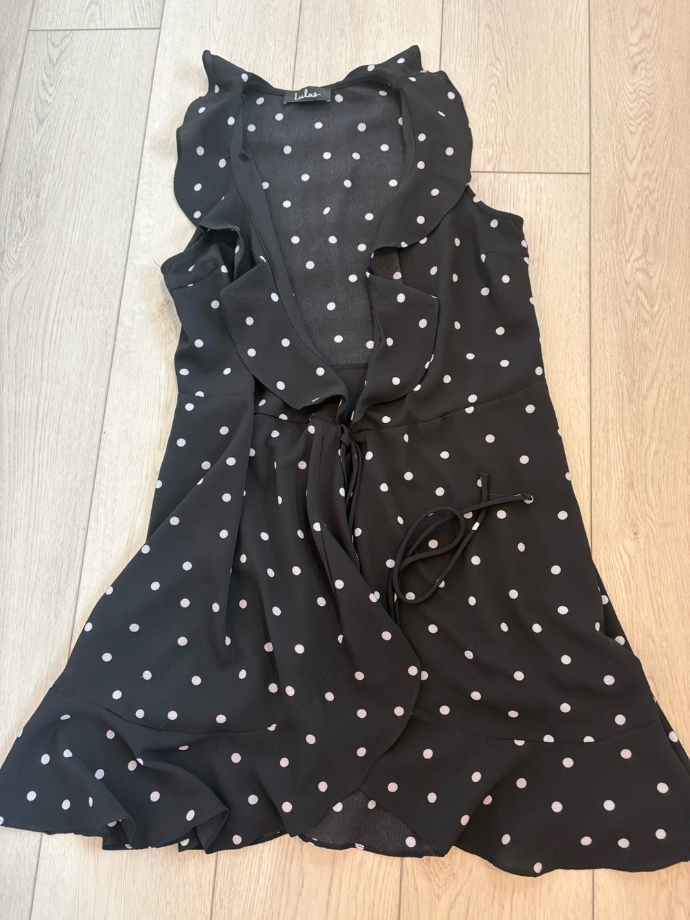 Lulu's Black Dress with White Polka Dots and Ruffle Neck